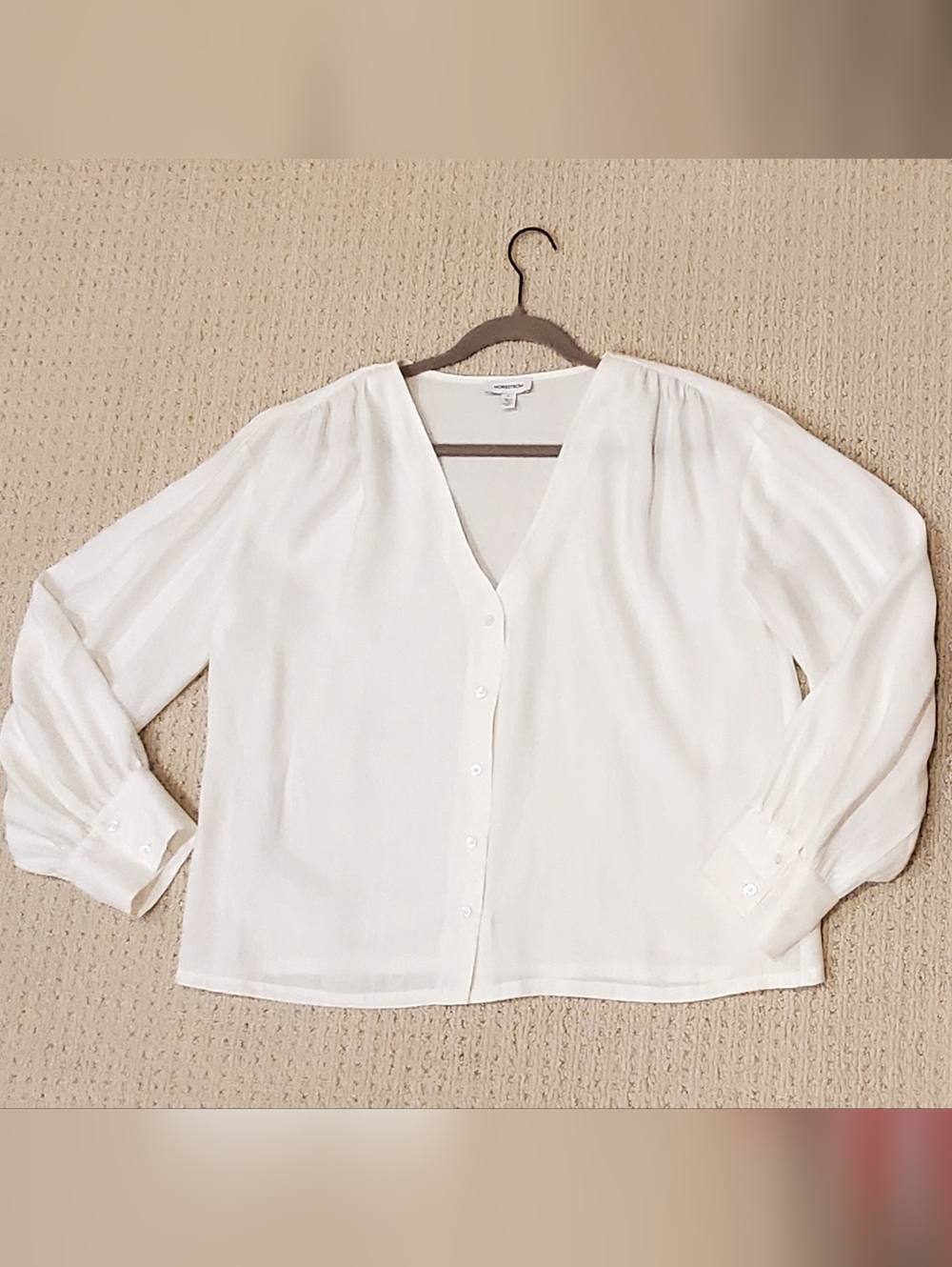Nordstrom SOFT Modal White Airy V-Neck Button Down Long Sleeve Blouse Top Lg EUC